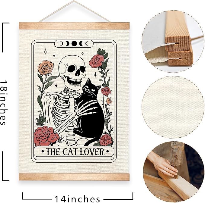 HEYJEEPER The Cat Lover Tarot Card Wall Art Decor,14x18inch Retro Skeleton and Cats Linen Wall Hanging Poster with Wood Hanger,Funny Gift for Cat Lovers,or Pet Shop(Cat01)