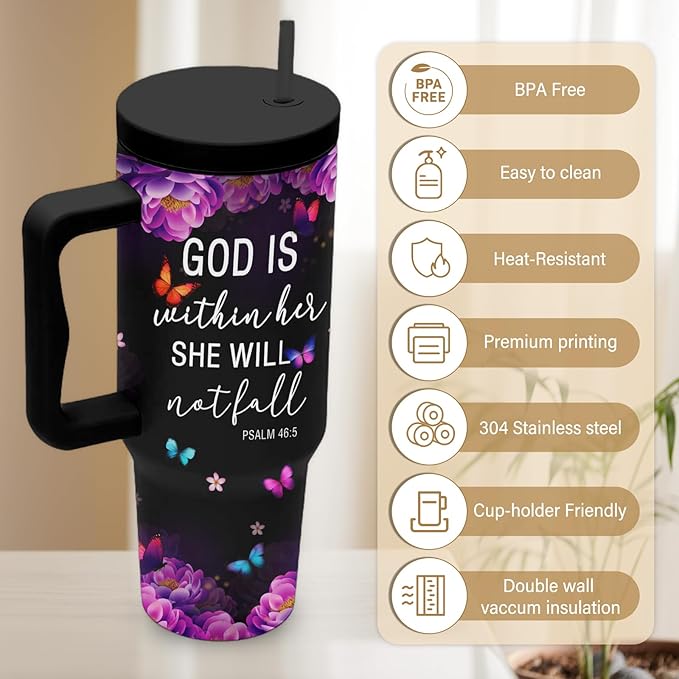 Christian Gifts For Women, Christian Tumbler 40 Oz, God Is Within Her She Will Not Fall, Christmas Inspirational Religious Cup For Women, Christmas Travel Coffee Tumbler