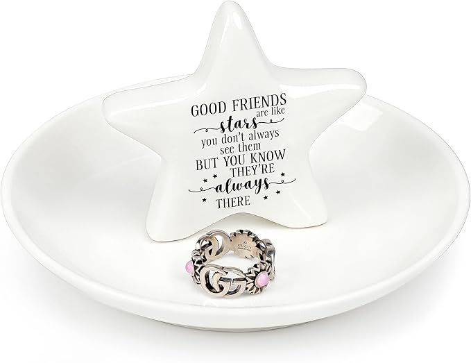 PUDDING CABIN Best Friend Gift - Good Friends are Like Stars Ceramic Jewelry Dish, Star-Shaped Ring Holder for Vanity, Friendship Gift for Women, BFF, Sister