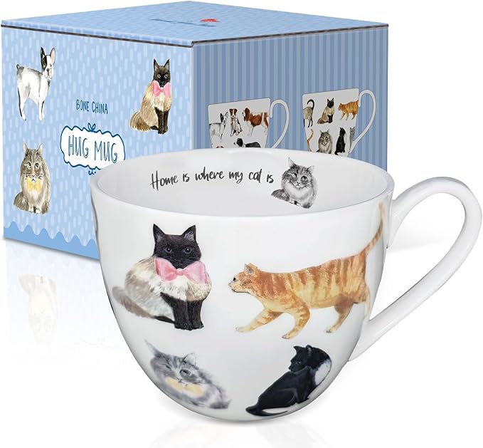 Cute Cat Mugs for Daily Coffee and Tea, Premium 20 oz Bone China Coffee Tea Hug Mug, Perfect Holiday, Birthday, and Christmas Gift for Cat Lovers, Designed in England by Harvest Green Studio