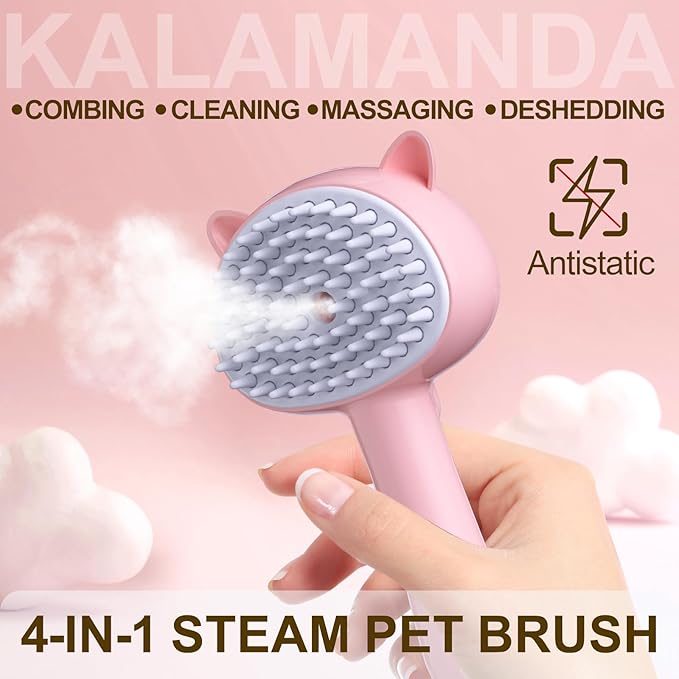 Cat Steam Brush for Shedding, 4 in 1 Steamy Cat Comb with Handle, Rubber Pet Misting Brush with Release Button for Indoor Kittens Small Animals(Pink)