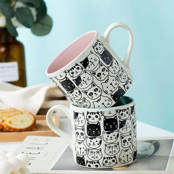 Cat Lovers Mug, Various Cute Kittens Pattern Mug, Cat Coffee Mug Funny Ceramic Tea Cup Novelty Gifts for Office and Home Women Girls Men, Dishwasher Microwave Safe (Pink, 17oz)