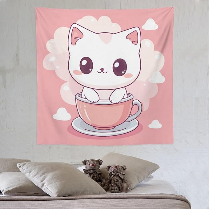 MaSiledy Tapestry Kawaii Cat Tapestries for Bedroom Pink Smile Kitten Cat Face Meow Wall Tapestries for Bedroom Colorful Wall Hanging Aesthetic Wall Art For Room Decor Landscape 60"x60"