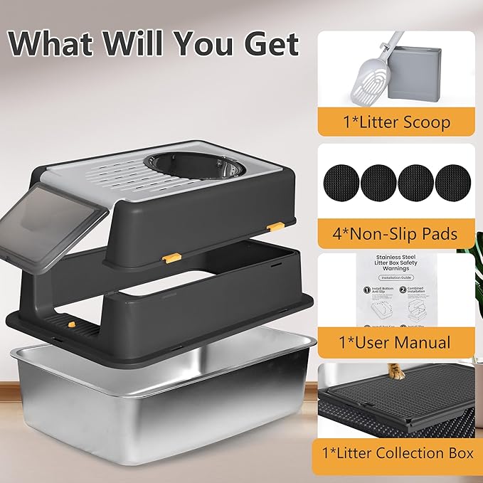 Ultimate Stainless Steel Litter Box with Lid - XXL Enclosed Anti-Leak Design for Big Cats, Non-Stick Easy Clean Metal Litter Box System with Scoop Set, High-Sided Urine Protection, Sleek Black