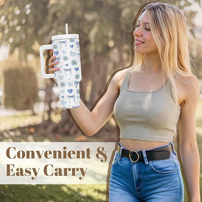 Bow Tumbler With Handle 40 Oz, Blue Bow Insulated Tumbler For Women, Christmas Gifts For Women Girls Mom Wife Friends, Blue And White Christmas Insulated Cup
