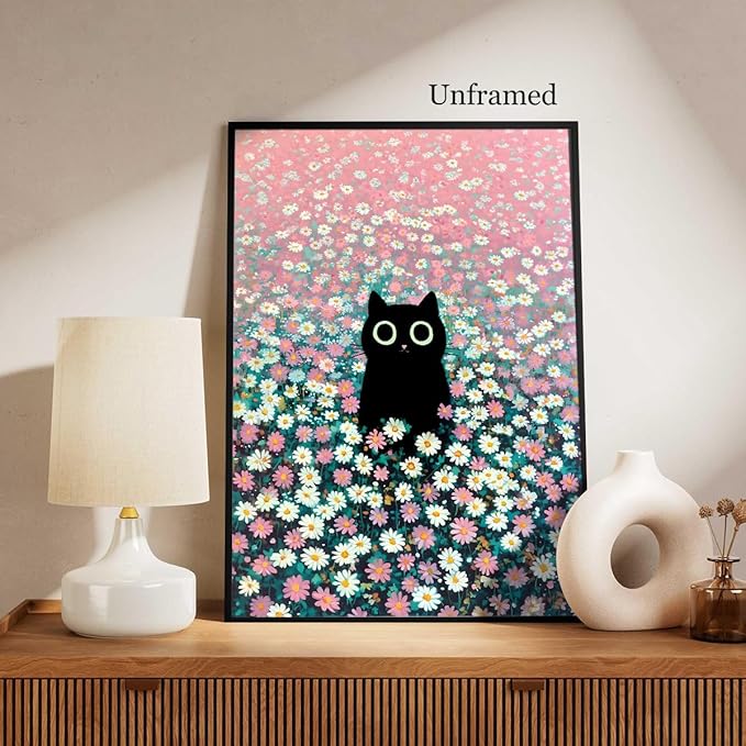 Black Cat Canvas Wall Art, Cute Cat In Daisies Meadow Aesthetic Poster, Adorable Animal Picture, Pink White Flowers Print Painting for Bedroom, Nursery Wall Decor Pet Lover Gift 8x10in Unframed