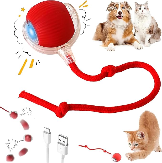 Durable Interactive Cat Toys for Indoor Cats, Smart Automatic Cat Chase Ball Toy, Upgraded Speedy Tail Kitten Toy for Bored Indoor Adult Pets (Red)