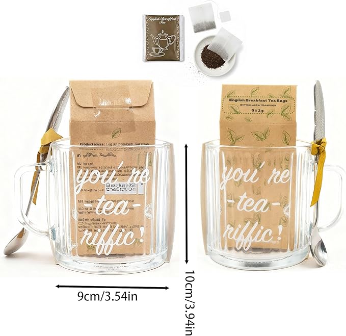 Ribbed Glass Mug Gift Set “You’re Tea‑riffic” Clear Glass Cup with Printed Slogan, Includes English Breakfast Tea & Teaspoon, Gift Boxed — Office Gift, Teacher Gift, Coffee & Tea Lovers