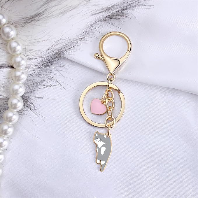 Lazy Cat Pink heart Keychain Fun Cartoon Kitten Cute Key Ring for Animal Key Chain Girl Birthday