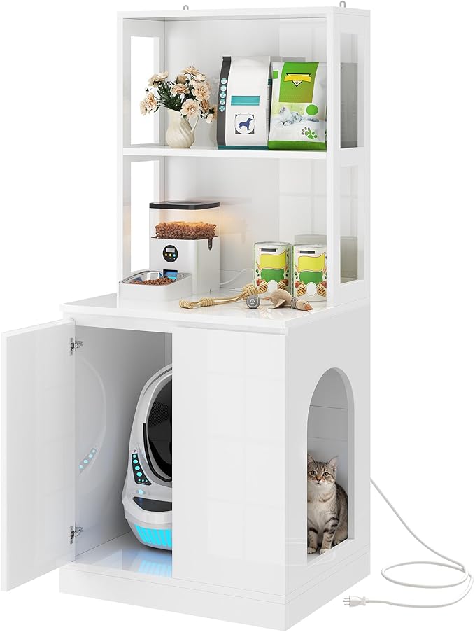 DWVO Large Hidden Litter Box Furniture with Shelves & Charging Station, High-Gloss Modern Cat Litters Box Enclosure for Self-Cleaning Litter Boxes, Wooden Secret Cat Cabinet, White