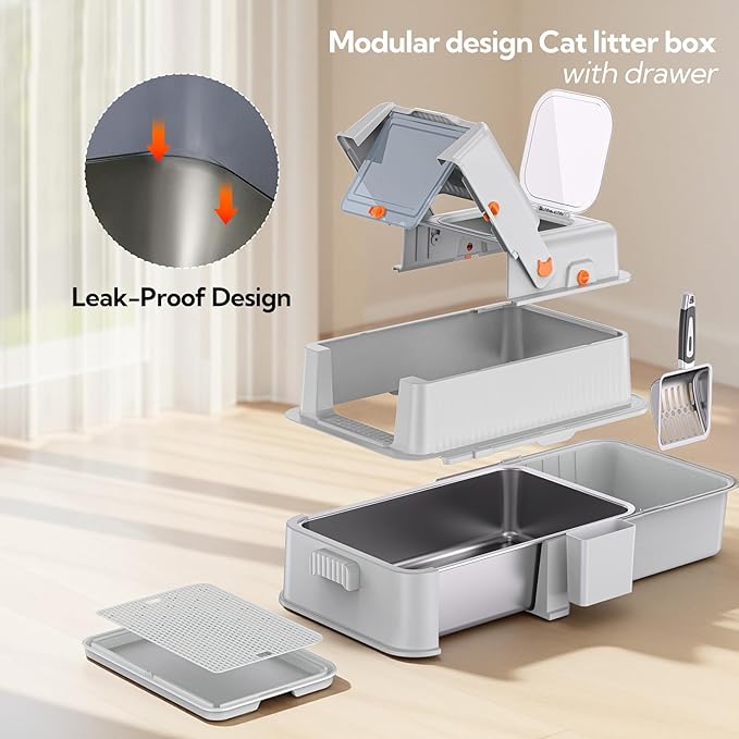 Soulbond Stainless Steel Cat Litter Box with Lid, Enclosed Large Metal Litter Box with Drawer and Flip Door for Big Cats, Top Entry, Odor Control, Easy to Clean (Light Grey)