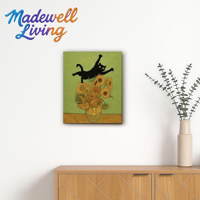 Madewell Living Van Gogh-Style Cat Art - Funny Black Cat in Sunflowers Print, Wall Art (11x14 inch) - Ready to Hang, Waterproof Living Room & Bedroom Decor