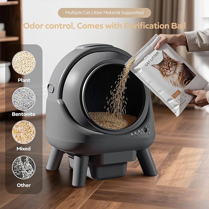 Self Cleaning Litter Box for Multiple Cats, Automatic Cat Litter Box with APP Control, Advanced Safety Sensors & Odor Control, 15-Day Extra Large Waste Bin, Quiet Operation, Gray