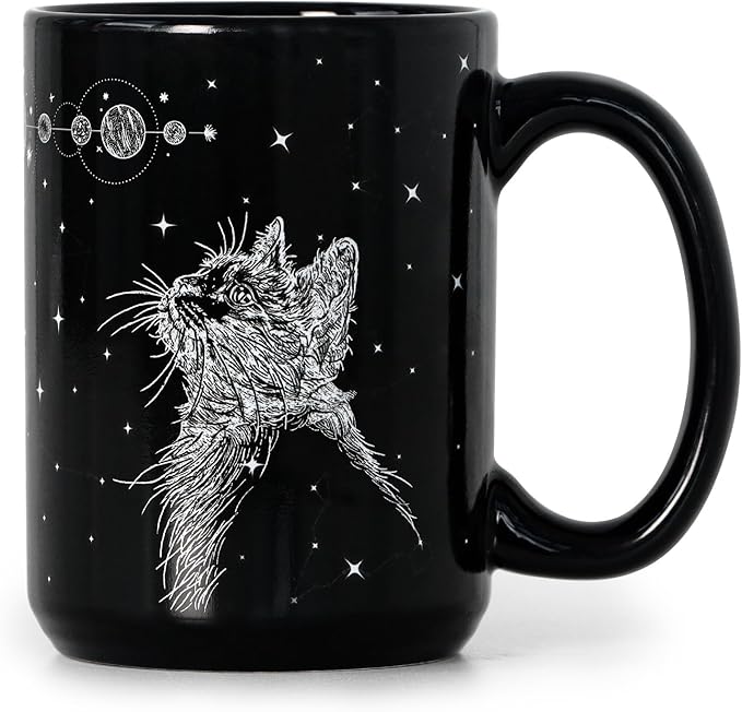 16 oz Black Kitty Coffee Mug for Cat Lovers - Gift for Women, Mom, Friends, Coworker, Men, Dad - Goth Ceramic Tea Cup for Christmas,Halloween, Witchy Present