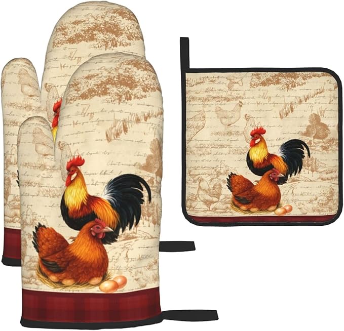 Retro Rustic Pot Holders and Oven Mitts Set of 3, Rooster Chicken Oven Gloves Hot Pads for Baking Cooking Grilling BBQ, Rooster Chicken Decor for Kitchen, Rustic Baking Gifts for Women Chef Baker