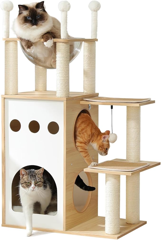 MUTTROS 42.5" Modern Wooden Cat Tree with 2-Story Condo, Scratching Posts, Capsule Nest & Dangling Balls - Sky City Design Indoor Furniture for Cats, Beige