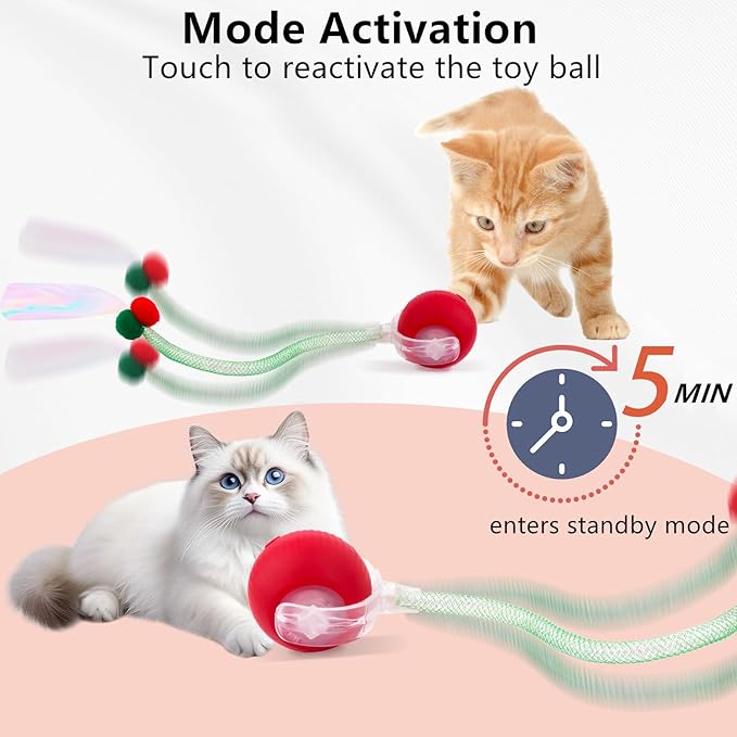 SUPERSUN Interactive Cat Toy Balls, Automatic Rolling Cat Tease Ball with Bird Chirping Sound & 3 Modes, Rechargeable USB Kitten Toys for Indoor Cats, 2 Fun Flexible Tails Stimulate Hunting Instincts