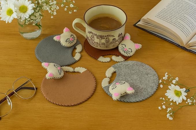 Cute Cat Coasters Valentine Gift Set – Funny Drink Mats for Women, Cats Mom Present, Unique Decor Idea, Gag Gift for Her, Stylish Coasters for Drinks, Cool Surprise for Cat Lovers and Home Use