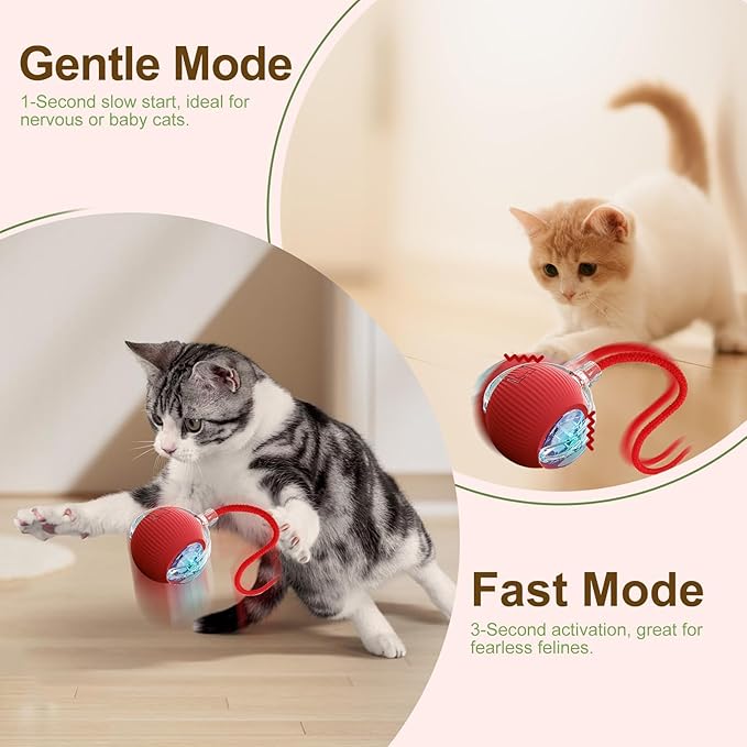 Interactive Cat Dog Toys, Electric Automatic Moving for Bored Indoor Adult Cats, Smart Rolling Ball with 3 Modes(Fast Rolling,Chirping & Motion-Activated) for Pet, Fun Gift for Cats with Speedy Tail