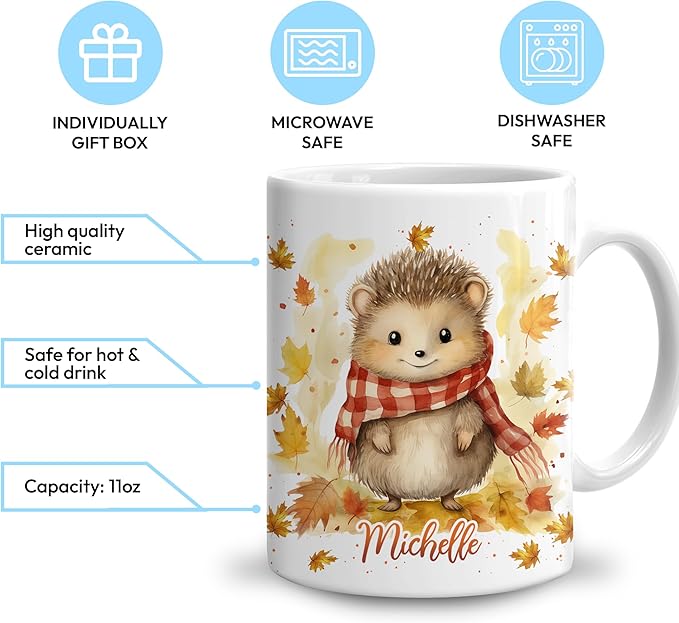 Hyturtle Personalized Fall Hedgehog Maple Leaves Coffee Mug - Birthday Gifts For Hedgehog Lovers - Fall Autumn Decor Gifts For Farmhouse Thanksgiving - Custom Name 11oz White Ceramic Coffee Tea Mug