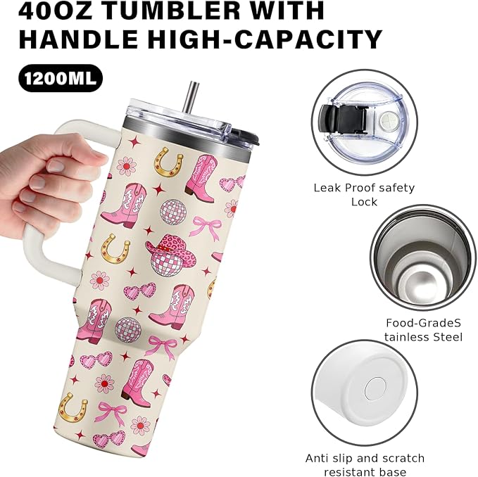 Cowgirl Pink Tumbler 40oz with Handle - Western Gifts for Women, Insulated Travel Mug, Cow Print Water Bottle, Country Girl Stuff for Horse Lovers Rodeo Mom, Christmas Birthday Present