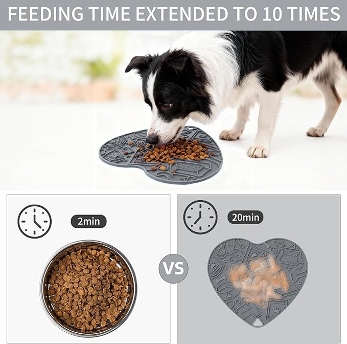 Silicone Slow Feeder Dog & Cat Bowl with Suction Cups – Non-Slip Fun Pattern for Dogs and Cats, Interactive Pet Enrichment Bowl, Treat Eating Feeder, Heart-Shaped Mat Compatible (Grey)