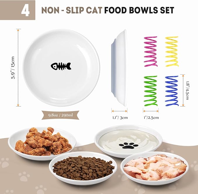 Ceramic Cat Food Bowls for Indoor Cats and Kitten, 4 Cute Cat Feeding Bowls Shallow Whisker Relief Dishes for Cats, 5.9" Wide Pet Plates for Wet & Dry Food and Water, Non-Slip Base, with 4 Spring Toys