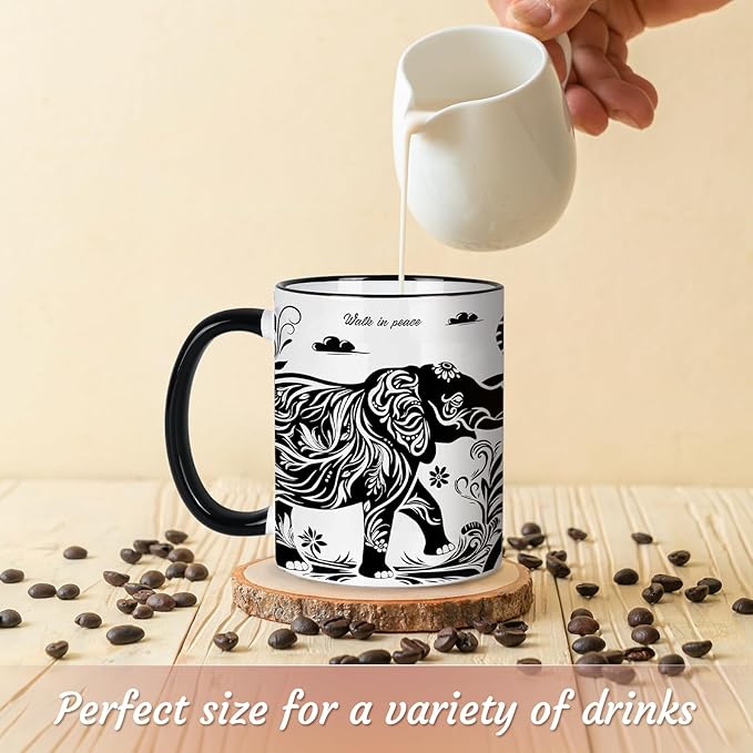 Elephant Gifts for Women, Elephant Mug 11Oz Mothers Day Birthday Gifts for Women, Black and White Boho Mug for Coffee, Tea and Milk, Ceramic Cup Microwave & Dishwasher Safe