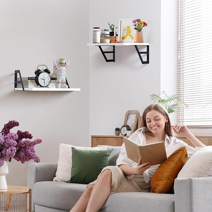 Tectocker-DOU Set of 2 Deep Floating Shelves; Mounted Book Shelf for Living Room, Bedroom Shelves for Wall Decor; Shelves for Wall Storage; Shelving with Metal Brackets, 12 Inches (White)