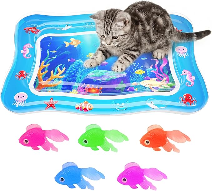 Cat Water Mat - Interactive Cat Toys Upgraded Thickened 0.7mm PVC Cooling & Heating Water Bed with Floating Fish, Anti-Scratch Leak Proof Foldable Water Sensor Play Mat for Cats