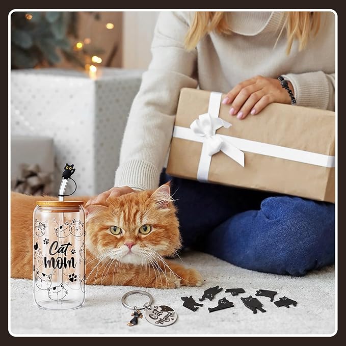 Cat Mom Gifts for Women,Black Cat Themed Gift Set with Glass,Canvas Tote Bag,Makeup Bag,Keychain,Bracelet and Magnetic Bookmarks,Unique Cat Lover Gift Box for Mother’s Day