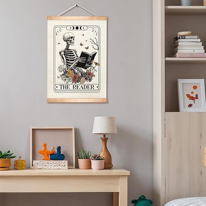 HEYJEEPER The Reader Gothic Skeleton Tarot Card Wall Art Decor, 14x18inch Canvas Wall Hanging Poster wiht Wood Hanger,Reading Wall Decor for Bedroom,or Library (Reader)