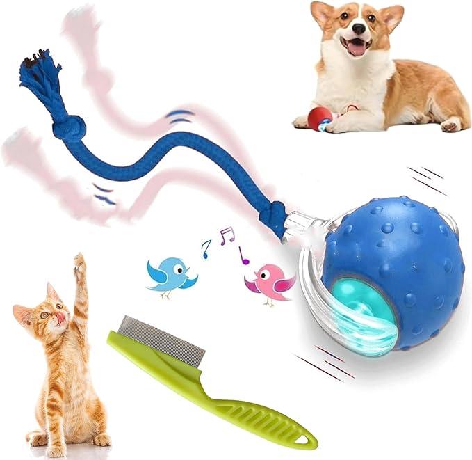 2026 New Dog Toy, Motion Dog Toy, Interactive Rolling Ball with Birdsong, Smart 360° Automatic Rolling Electric Dogs Ball Toys with Rope for Dogs and Cat Indoor Play (Blue)