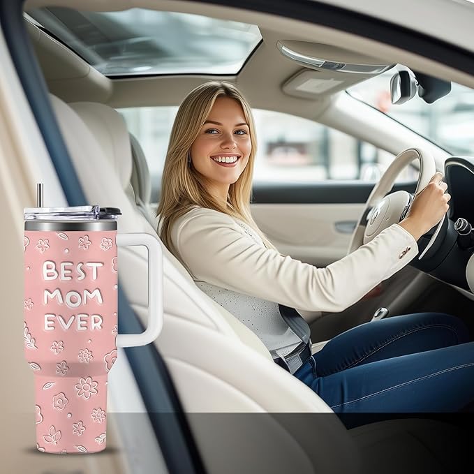 40oz Best Mom Tumbler with Handle and Straw, Leak-proof Insulated Travel Coffee Mug, Best Mom Ever Gifts for Women, Christmas Birthday Mothers Day Present from Daughter Son