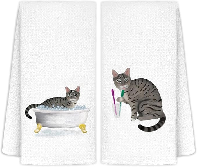 Jvpke Funny Gray Black Cat Decorative Towel Hand for Bathroom Kitchen Set of 2, Cat Gifts for Women Men, 16x24 in