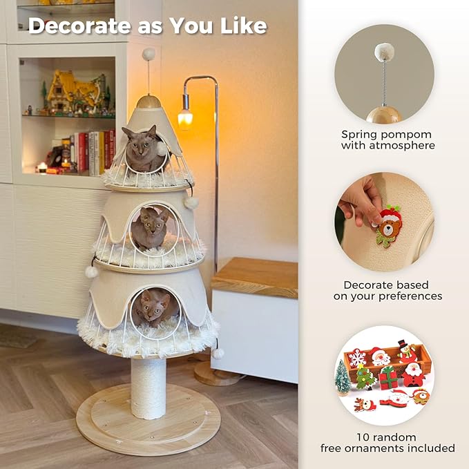 MUTTROS Modern Cat Tree-51.2" Cat Christmas Tree w/Thick Scratch Post(φ5.4in), Wood Cat Tower w/ 3 Condos-Heavy Duty Furniture w/Metal Frame & Replaceable Mat for Indoor Kittens, White