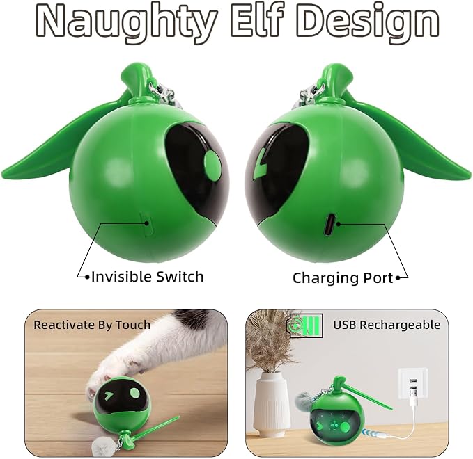 Interactive Cat Toys for Indoor Cats, Automatic Motion Activated Kitten Ball Toy, Moving Stimulation Cat Toys for Bored Indoor Adult Cats, Low Noise Fast Rolling Moving Ball (Green)