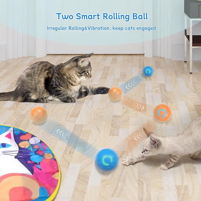 Interactive Cat Toys with 2 Fast Rolling Ball in Mat, Chirping & Motion Activated Automatic Cat Toy, Hide and Seek Games for Indoor Cats/Kitty/Kittens