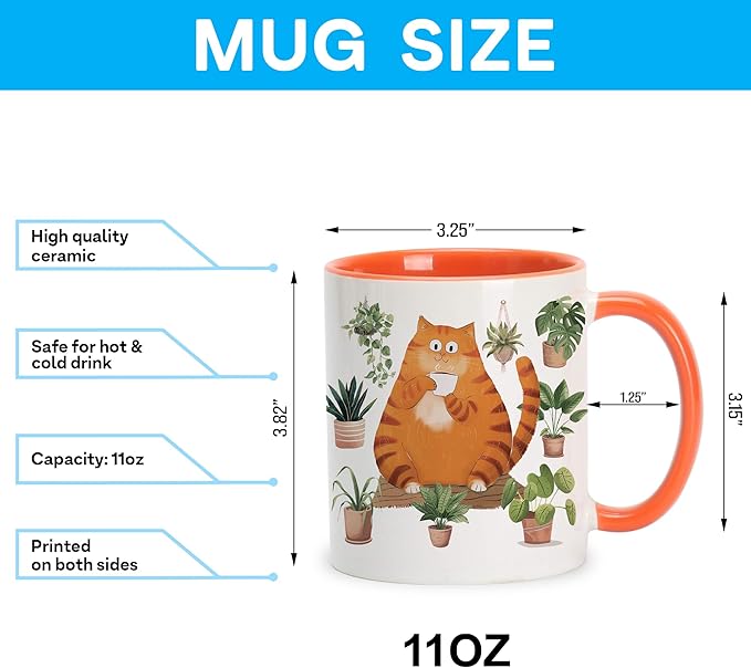 Hyturtle Cute Orange Cat Coffee Mug, Christmas Gifts For Cat Mom, Plant Decor Gift For Plant Lovers, Gardening Birthday Gift for Girls, Gardener Present 11oz Two Tone Orange White Ceramic Tea Mug Cup