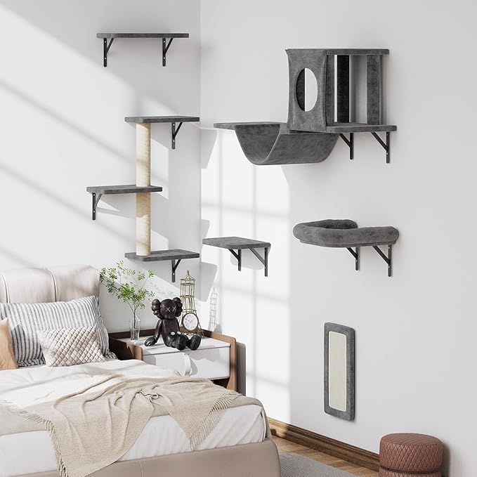 12-in-1 Cat Wall Shelves, Wall Mounted Cat Climber with Condo House, Scratching Post, Bridge Ladder, Space-Saving Indoor Play Furniture for Kittens, Dark Gray