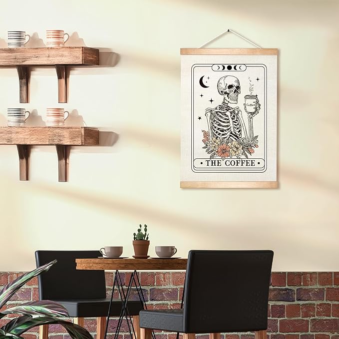 HEYJEEPER The Coffee Tarot Card Wall Art,Retro Skeleton with Floral Canvas Print Hanging Poster,Funny Skull Wall Decor for CoffeeBar,Cafe Shop or Kitchen,Coffee Lovers Gift 14x18inch