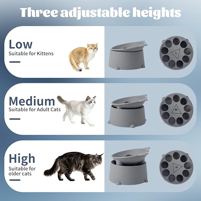 Cat Raised Bowls Silicone, 3 Modes to Adjust Height Elevated Cat Bowl to Protect Puppy,Kitten Spine and Anti Vomit Slow Feeder with 10° Tilted Detachable Dish for Pet Dry,Wet Food