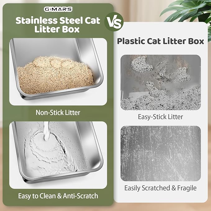 Gimars Extra Large Thicken Stainless Steel Litter Tray - Easy to Clean High Side Rustproof, Never Absorbs Odors Metal Litter Tray for Cats Rabbits