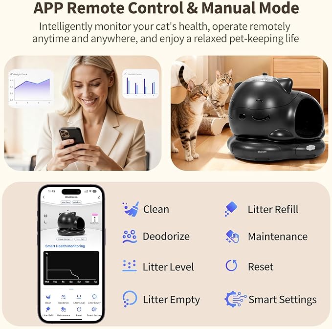 Automatic Cat Litter Box, Semi-Open Large Capacity with Triple Odor Removal System, App Control and Health Monitor, Safety Sensor, Cute Self Cleaning Litter Box for Multiple Cats (Black)