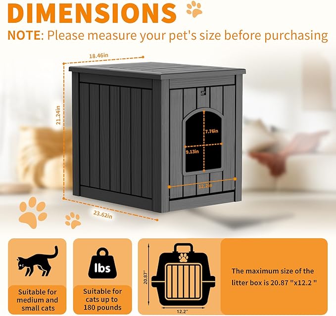 Cat Litter Box Enclosure, Multi-Functional Hidden Cat Litter Box Furniture & Cat Box Enclosure Cabinet with Side Table Design, Openable Front Door & Raised Floor, Easy to Clean & Assemble, Black