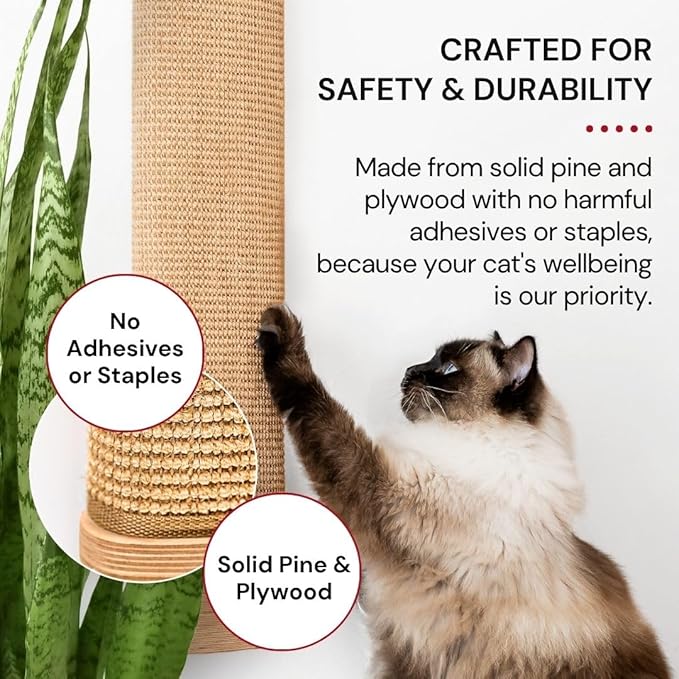 7 Ruby Road Wall Mounted Cat Scratcher - Replaceable Sisal Mat - 29.5" Tall Wall Cat Scratcher for Indoor Cats