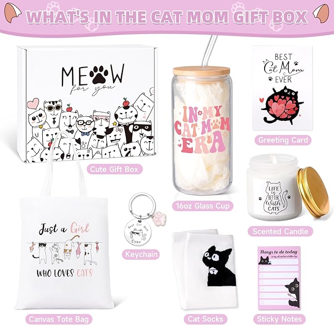 Cat Lover Gifts for Women, Cat Mom Gifts, Cat‘s Themed Gift for Christmas Mother's Day Birthdays, Gift for Cats Lovers for Crazy Cats Lady Mom Daughters with Canvas Bag Glass Cup Scented Candle Socks