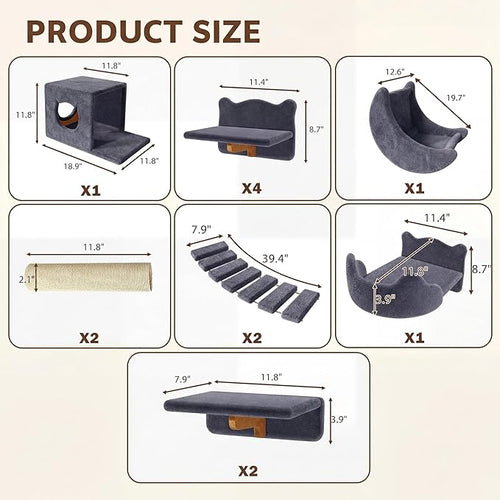 13-in-1 Cat Wall Shelves, Wall Mounted Cat Furniture Set with Plush Fabric, Cat Climbing Wall Systems, Cats Shelf with Moon Hammock, Condos, House, Step, Bridge Ladder, Scratching Post, Grey