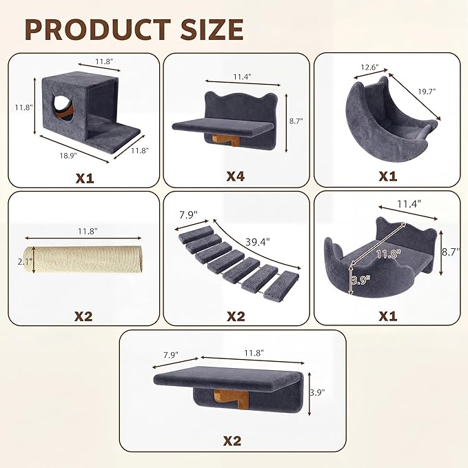 Cat Wall Shelves, Wall Mounted Cat Shelf Furniture with Plush Fabric(13 Piece Set), Cats Furniture with Moon Hammock, Condos, House, Steps, Bridge Ladder, Scratching Post, Grey