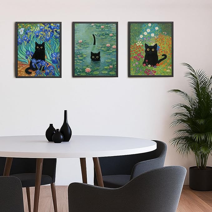 Monet Wall Art, Funny Cat in Water Lilies Canvas Prints, Black Cat Aesthetic Pictures for Living Room, Bedroom, Bathroom, Kitchen, Home Decor, Modern Cat Lover Gift Idea, Black Frame 11’’x14’’x3 pcs
